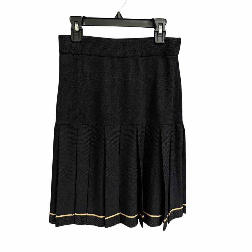 St. John Evening Santana Knit Pleated Gold Black Embellished Mini Skirt Womens 4